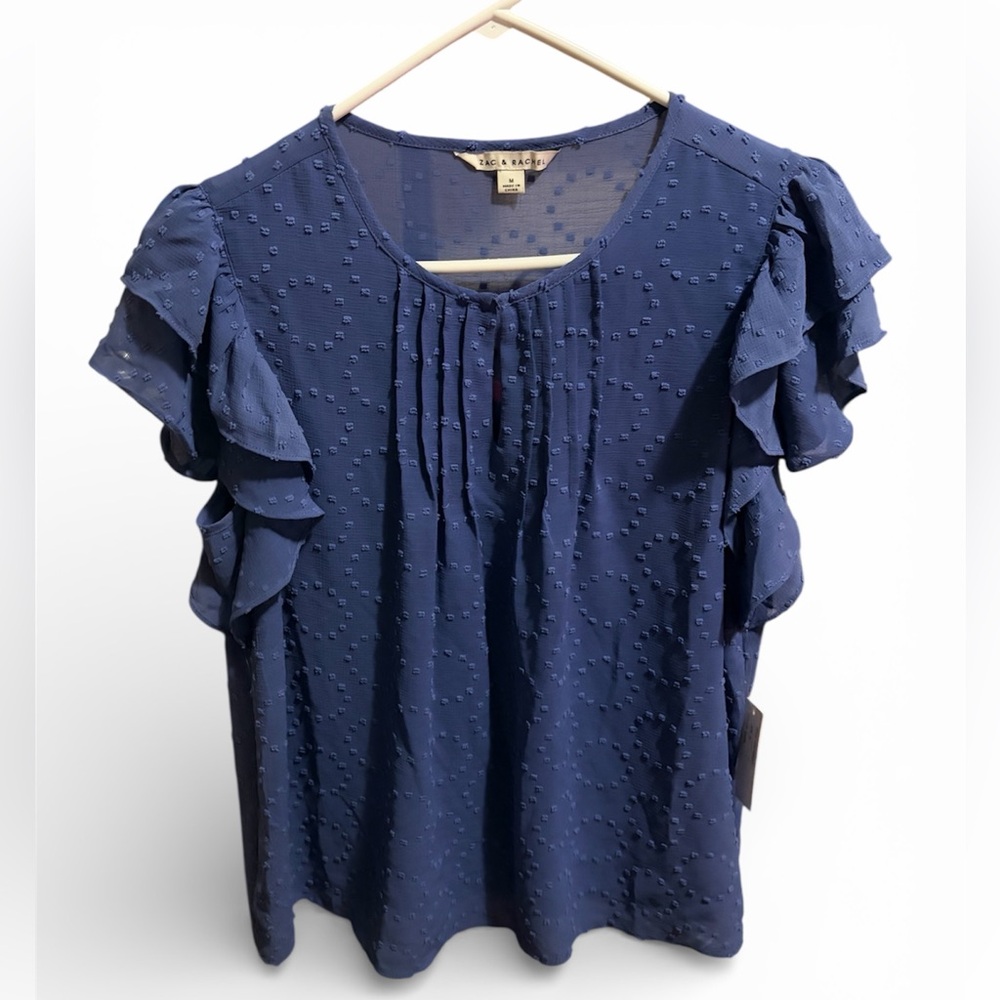 Zac & Rachel Navy Blue Swiss Dot Flutter Sleeve Blouse